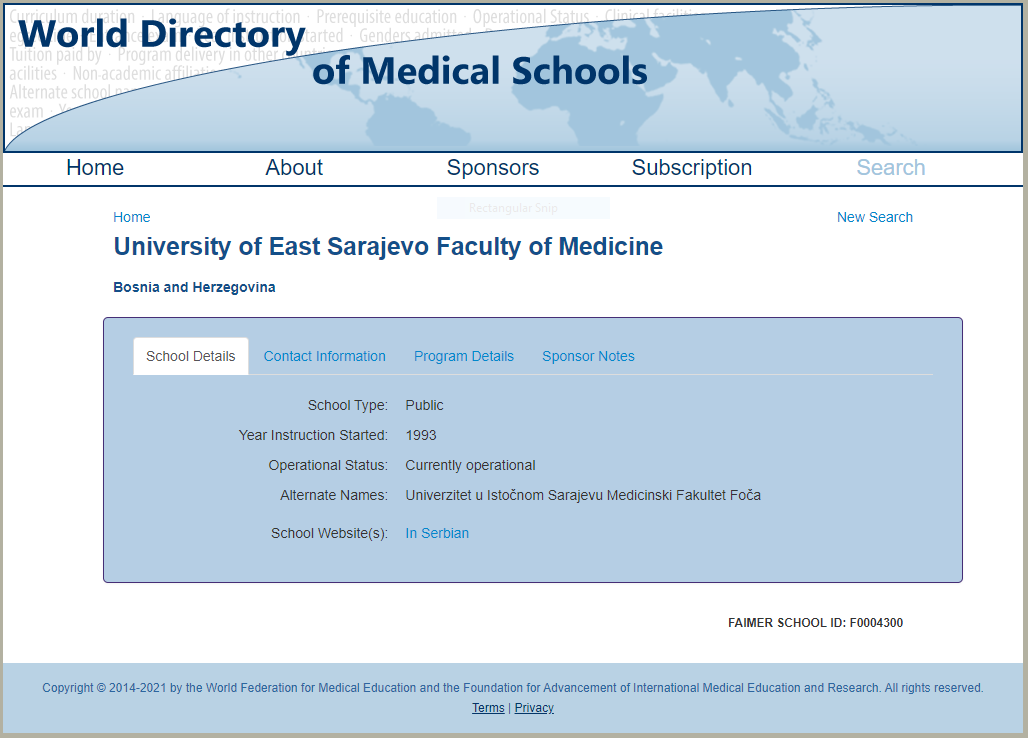 The Faculty of Medicine Foča has been registered in the World Directory of Medical Schools